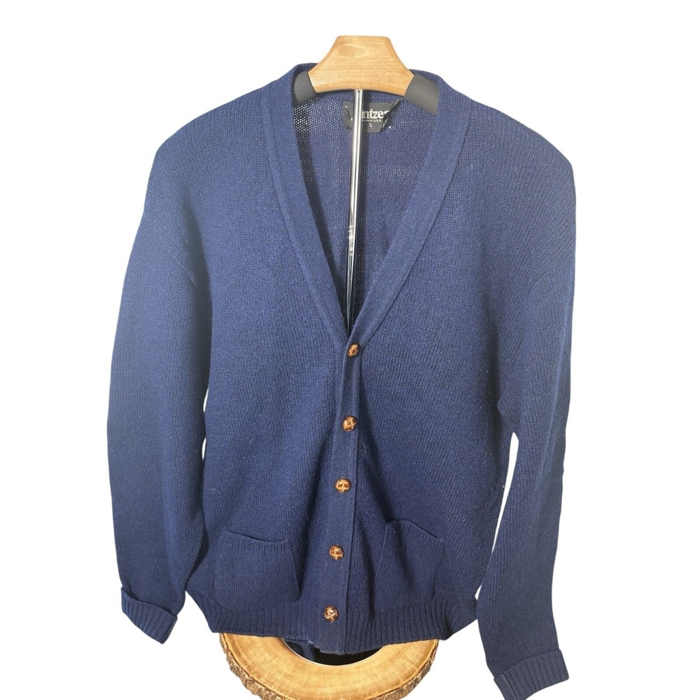 Jantzen Vintage Cardigan Sweater Large Acrylic Navy Blue Leather Button USA Made